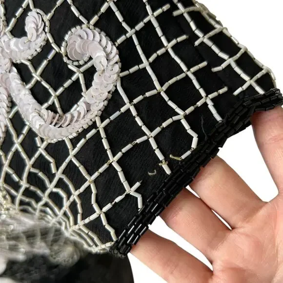 Vintage 80s Beaded Sequined Party Cocktail Mini Dress Carina Black White M Glam